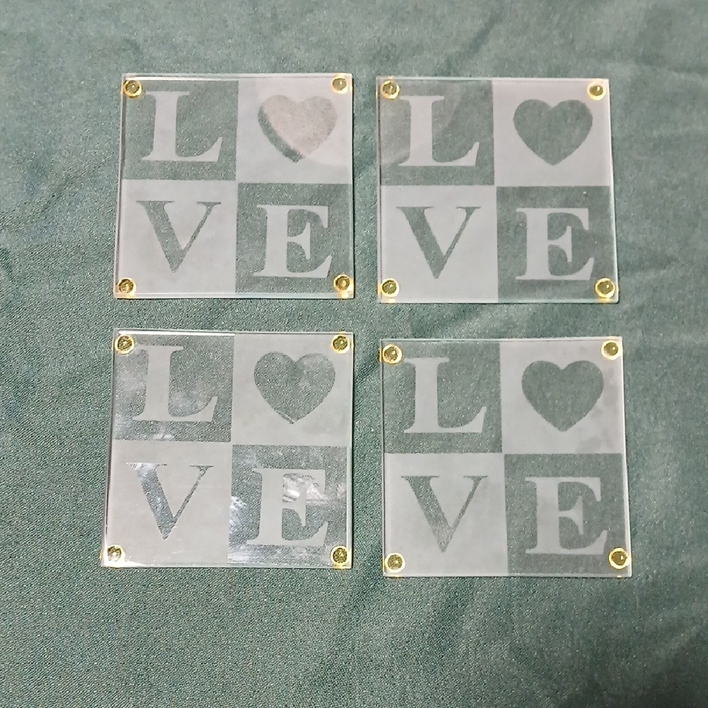 Frosted Glass Love Coasters with Gold Accents